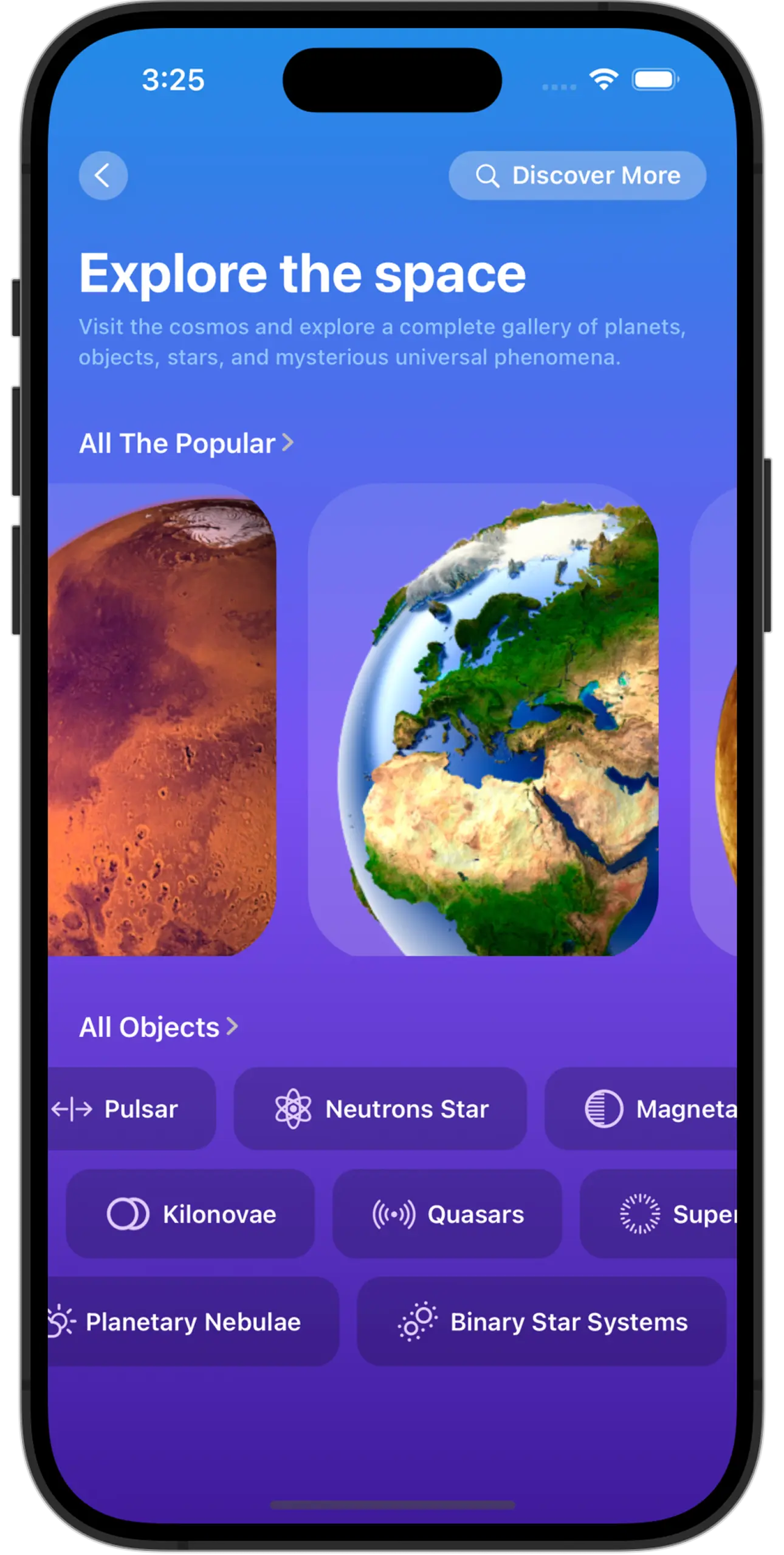 Device with the feed screen of an space app.