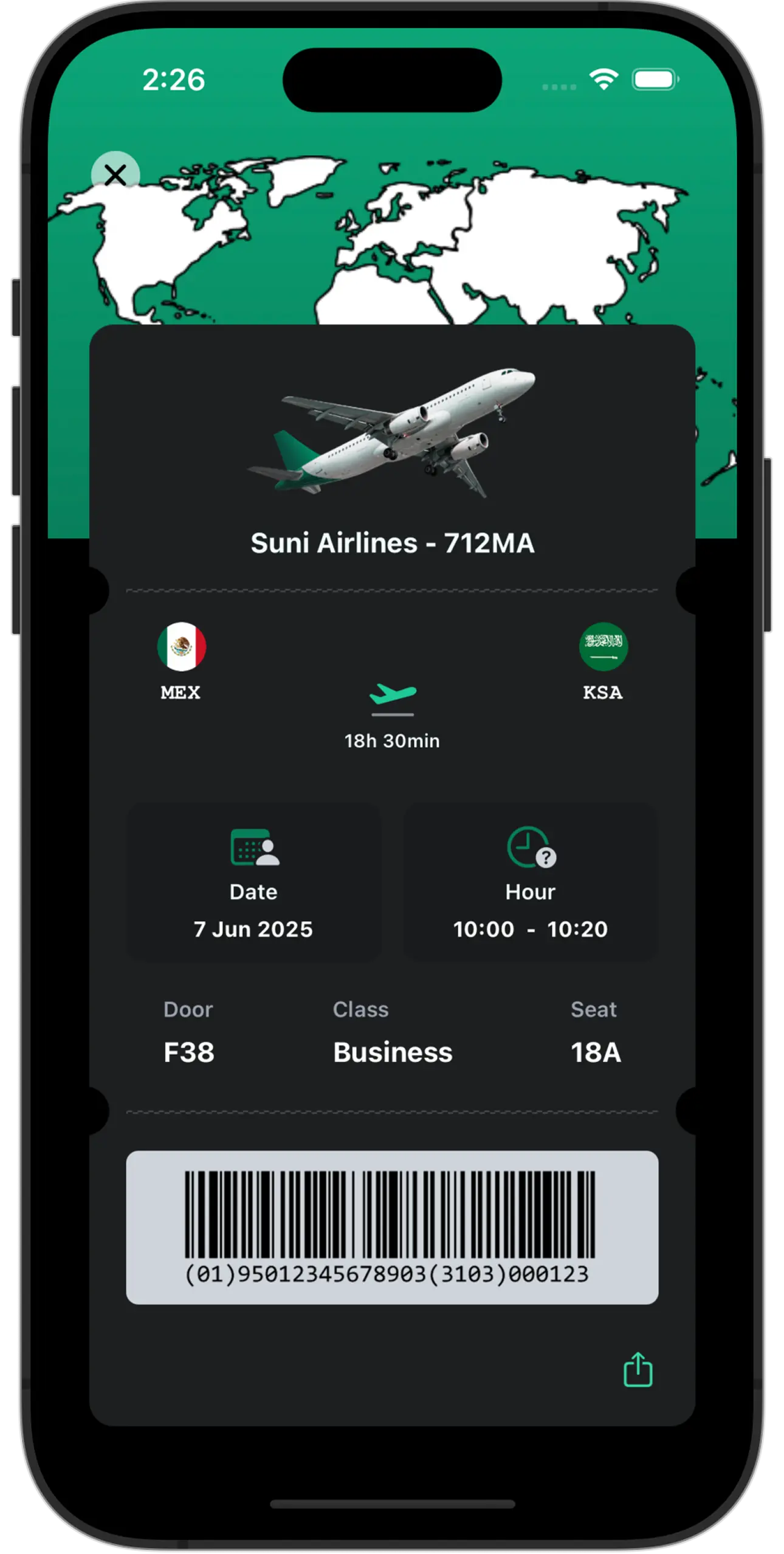 Device with a ticket interface on dark mode for flight app.