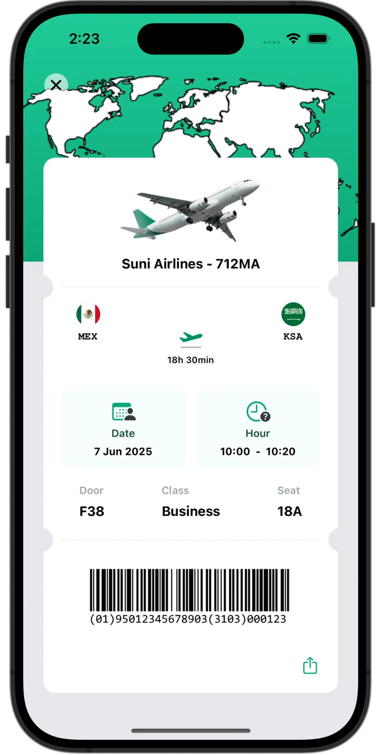 Device with a ticket interface for flight app.